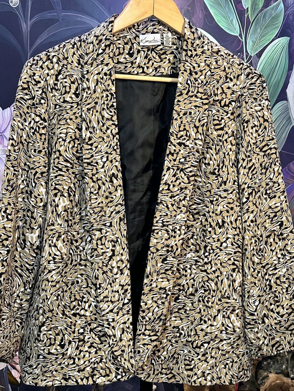 Kim Rogers PL Abstract Art Print Blazer Open Front Office Siren Artsy Tan Black